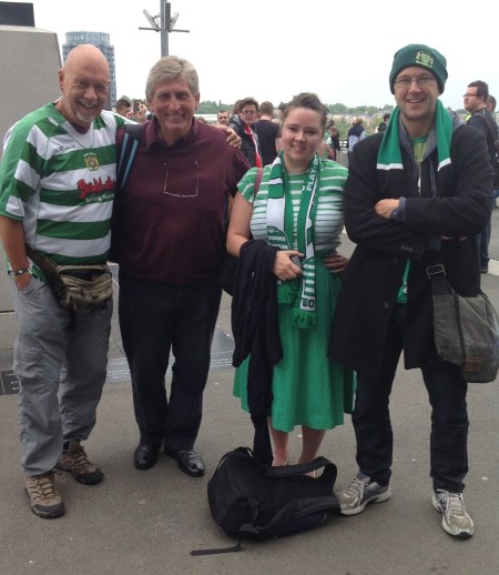 The author with daughter Sarah and son David and sports commentator and aficionado John Burgess.