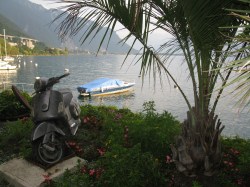 Funky lakeside sculpture (the scooter and televisions!) at Montreux.