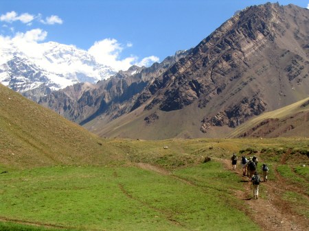 Trekkers and Climbers approaching Aconcagua – the highest mountain in the world outside the Himalaya
