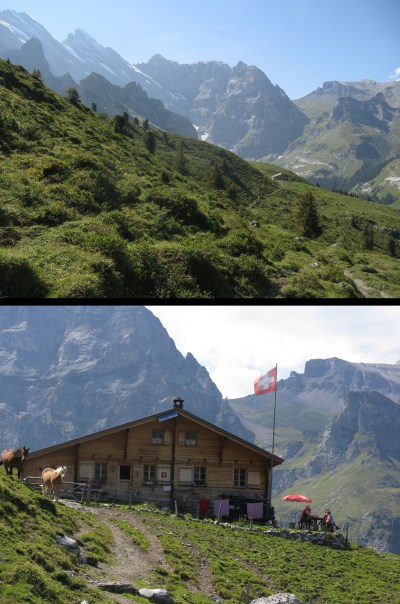(Above) The approach to Busenalp. The Sefinenfurke Pass which we crossed to reach Busenalp in 2013 is the lowest point on the horizon. (Below) Hikers enjoying a snack at Busenalp.