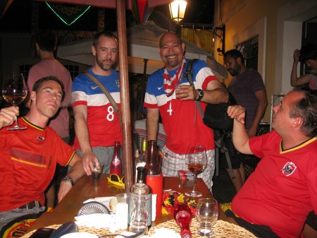 Belgian and American fans commiserate and congratulate each other after one of the tournaments many outstanding games.