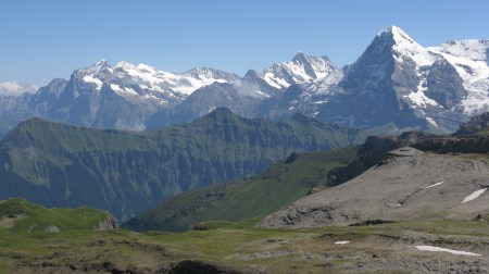 Legendary Peaks familiar to mountaineers worldwide. From the left the Wetternorn where mountaineering was born, the Schreckhorn and the infamous and imposing North Face of the Eiger. 