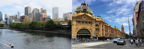 Melbourne's Central Business District and the Yarra River with the iconic red brick Flinders Street Railway station on the far bank.