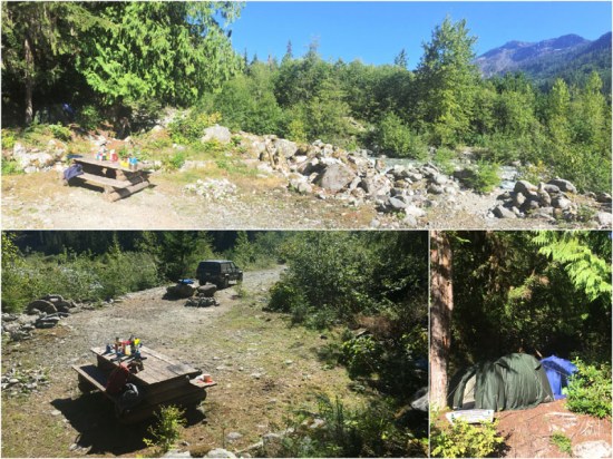 We could have pitched the tents by the picnic table but the terrain was softer under the trees to the left.