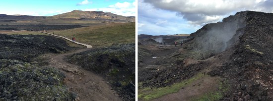 At Leirhnjukur a Boardwalk passes hot springs and steaming lava to craters formed by the 1975- 84 Krafla Fires