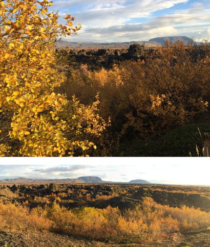 Autumnal colours and a mass of contorted Lava formations at Dimmuborgir by Lake Myvatn